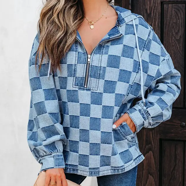 Sky Blue Checkerboard Zipped Neck Kangaroo Pocket Denim Hoodie Sky Blue - Shop at LoveMi