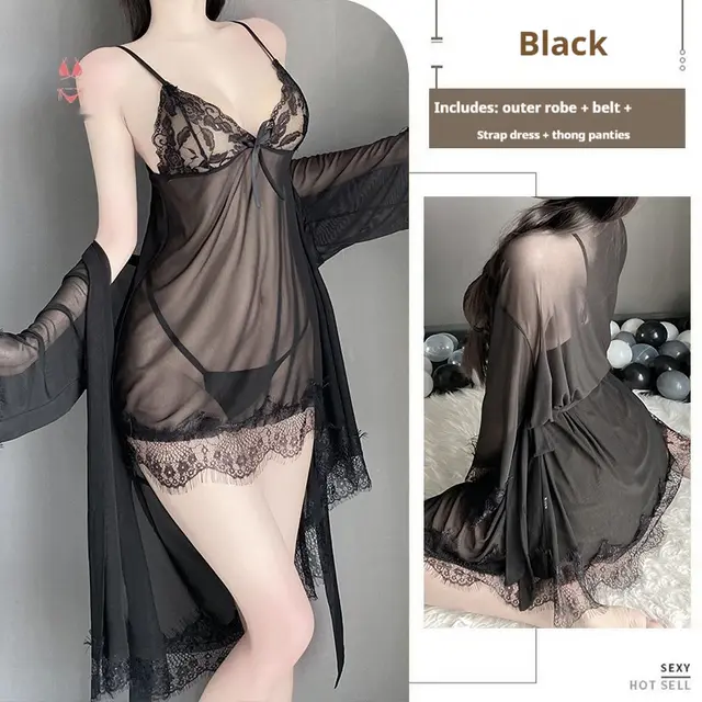 Solid Color Lace Suspender Skirt Mesh See through Lace up Outerwear Gown Homewear Suit Black - Shop at LoveMi