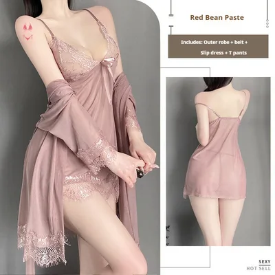 Solid Color Lace Suspender Skirt Mesh See through Lace up Outerwear Gown Homewear Suit Cameo Brown - Shop at LoveMi