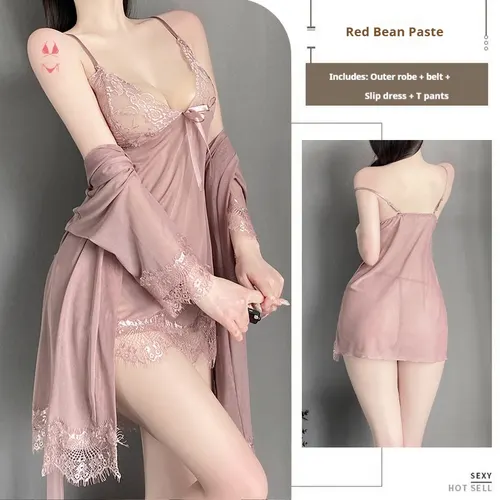 Solid Color Lace Suspender Skirt Mesh See through Lace up Outerwear Gown Homewear Suit Cameo Brown - Shop at LoveMi