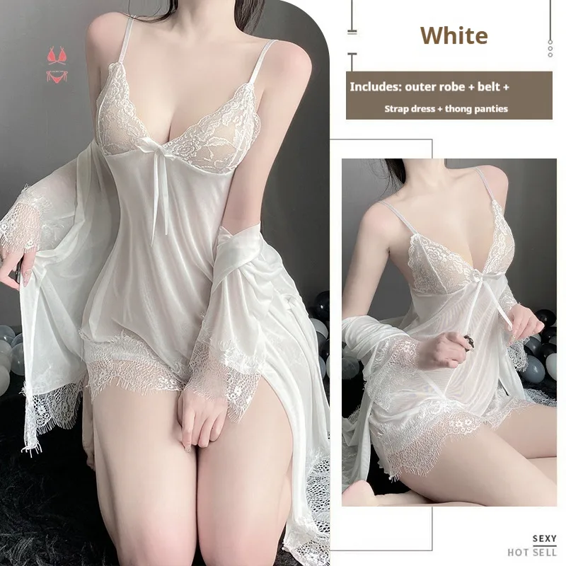 Solid Color Lace Suspender Skirt Mesh See-through Lace-up Outerwear Gown Homewear Suit - White