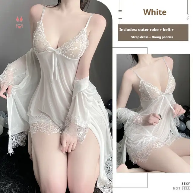Solid Color Lace Suspender Skirt Mesh See through Lace up Outerwear Gown Homewear Suit White - Shop at LoveMi