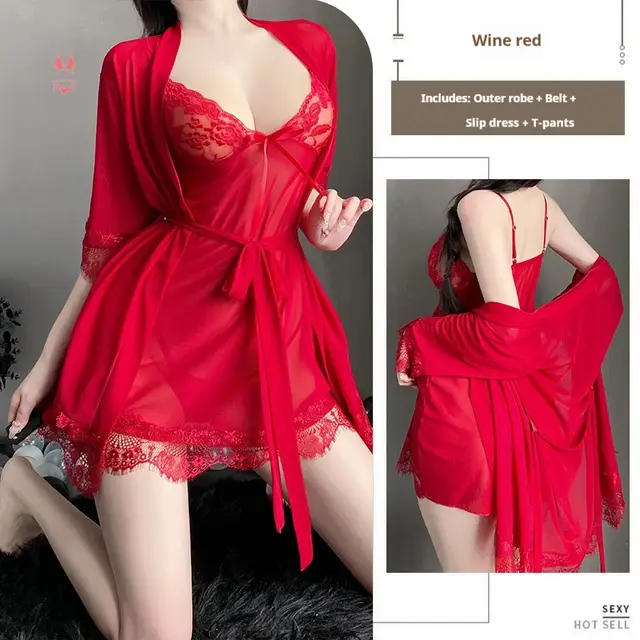 Solid Color Lace Suspender Skirt Mesh See through Lace up Outerwear Gown Homewear Suit Wine Red - Shop at LoveMi