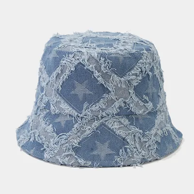 Autumn New Five pointed Star Raw Edge Denim Bucket Hat Blue - Shop at LoveMi