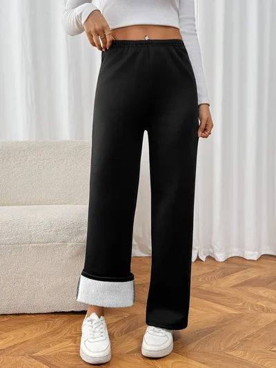 Lamb White Velvet Wide Leg Warm keeping Pants Female Winter Plus Velvet Thickened Casual Black - Shop at LoveMi