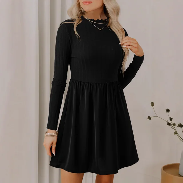 Shiying Solid Color Casual Women's Texture High Waist Dress Black - Shop at LoveMi