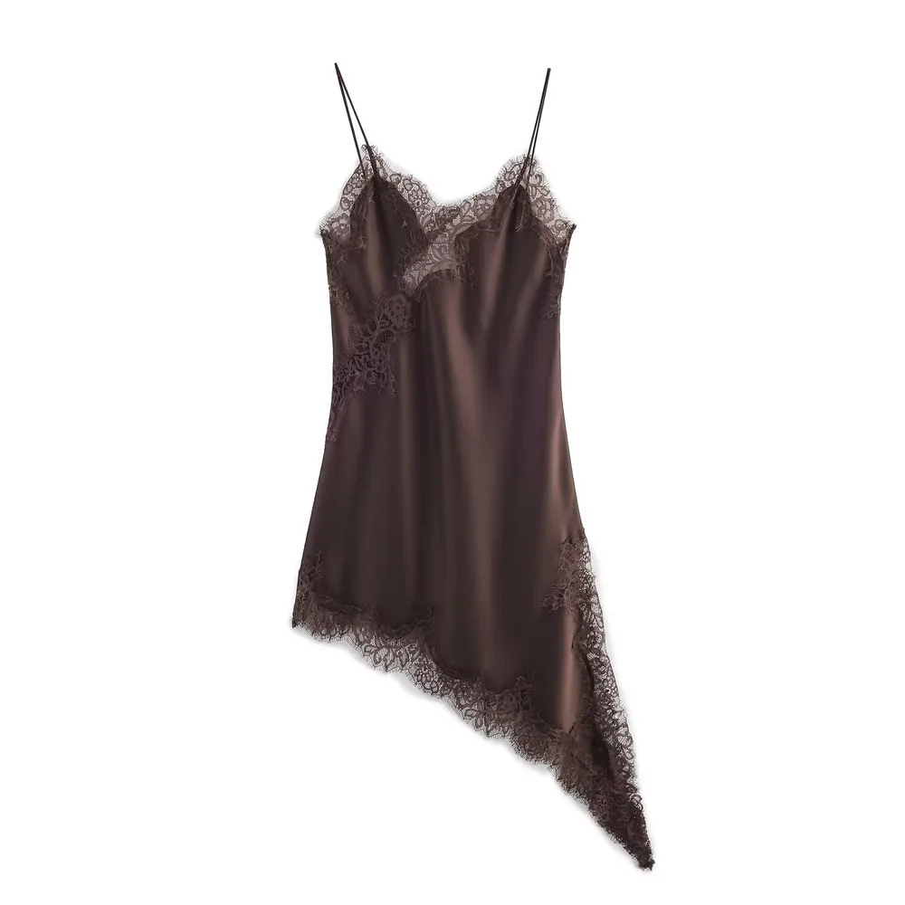 Women's Fashionable Lace Stitching Asymmetric Suspender Dress - Black - View 1