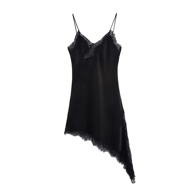Women's Fashionable Lace Stitching Asymmetric Suspender Dress Black - Shop at LoveMi