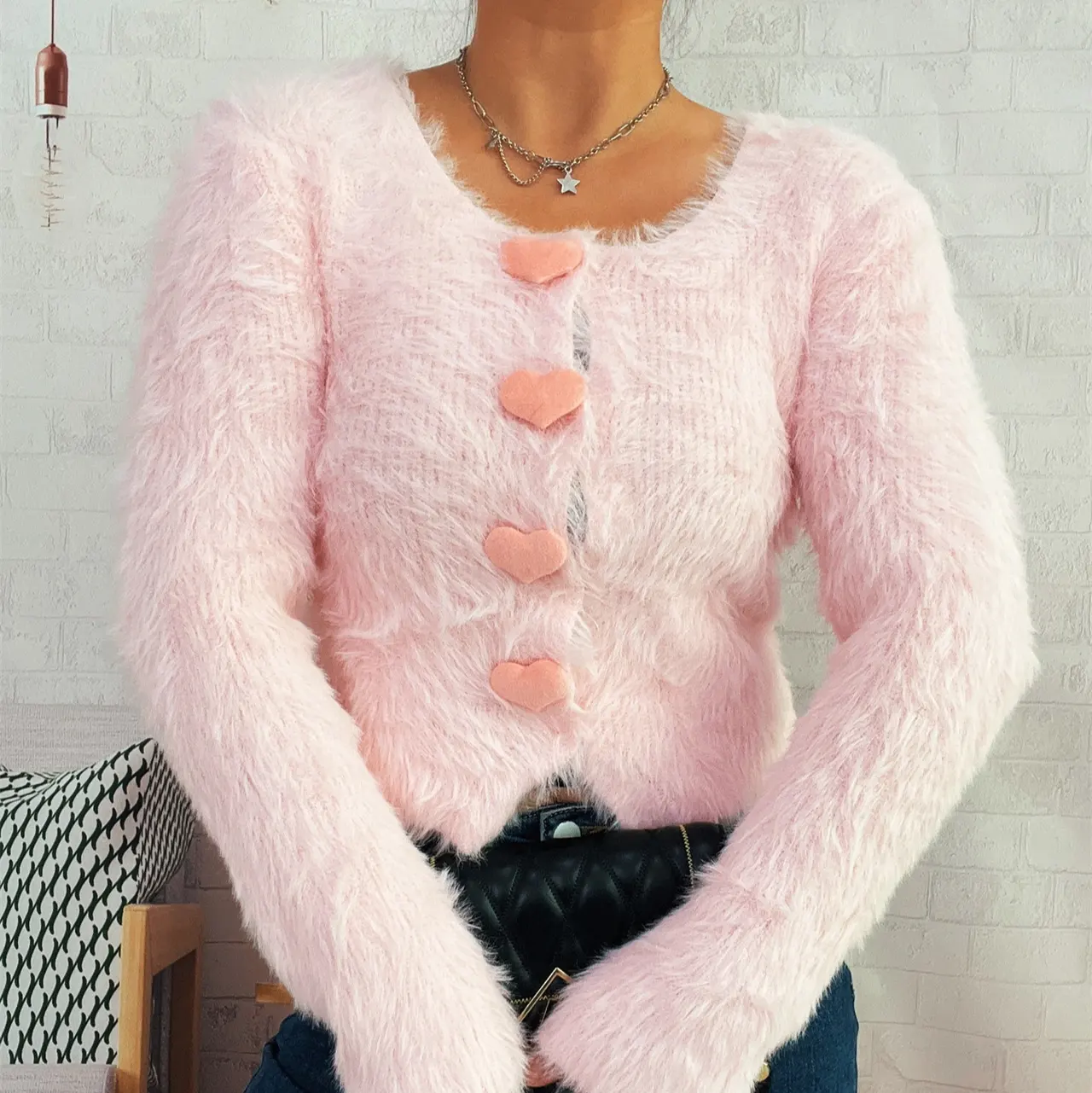 Commuter Cute Heart Button Solid Color Mink-like Knitted Cardigan Sweater - Pink