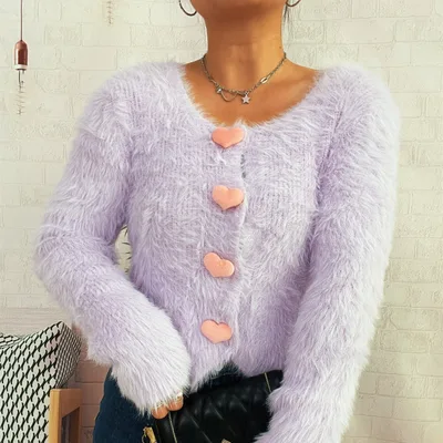 Commuter Cute Heart Button Solid Color Mink like Knitted Cardigan Sweater Purple - Shop at LoveMi
