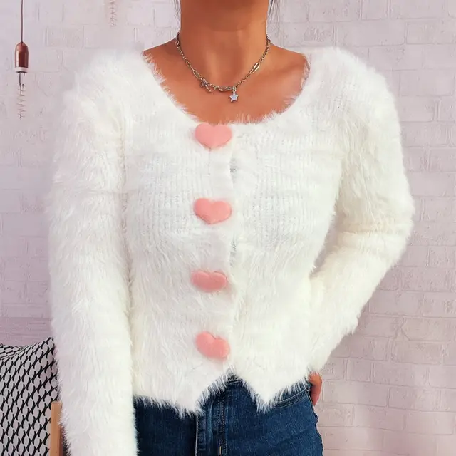Commuter Cute Heart Button Solid Color Mink like Knitted Cardigan Sweater White - Shop at LoveMi