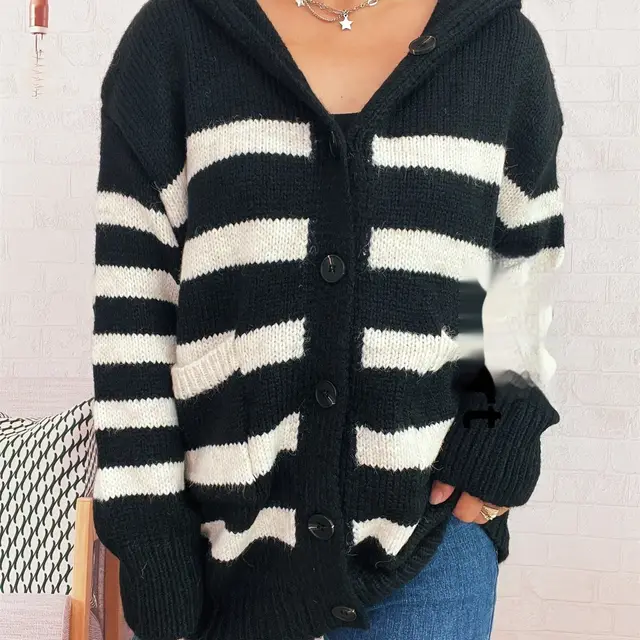 Casual Loose Plus sized Hooded Single breasted Long Sleeve Sweater For Women Black - Shop at LoveMi