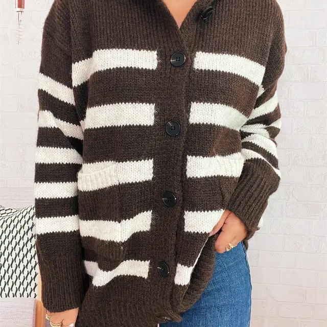 Casual Loose Plus sized Hooded Single breasted Long Sleeve Sweater For Women Brown - Shop at LoveMi