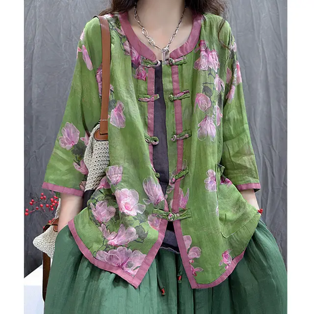 Cardigan Artistic Casual Loose Large Size Cropped Sleeve Top Green - Shop at LoveMi
