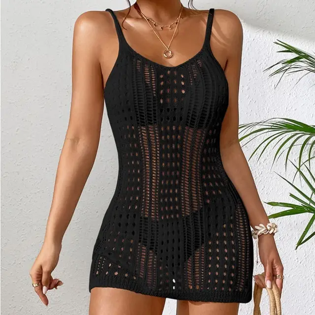 Women's Short Knitted Texture Hollow Out See through Camisole Sexy Short Dress Black - Shop at LoveMi