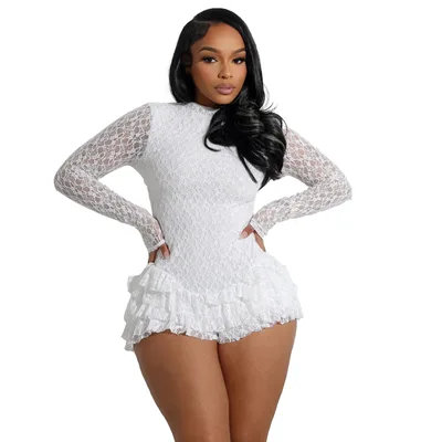Women's Sexy Lace Long Sleeve Shorts Wooden Ear Backless Jumpsuit White - Shop at LoveMi