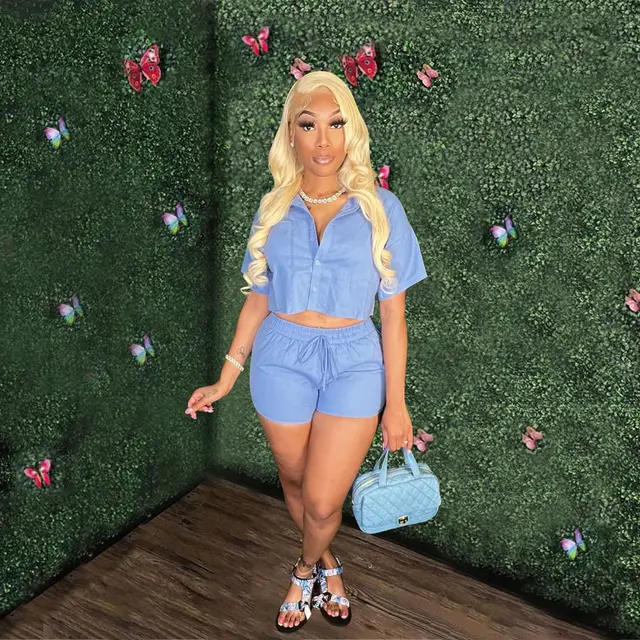 Women's Short sleeve Shirt Suit Elastic Pocket Shorts Light Blue - Shop at LoveMi