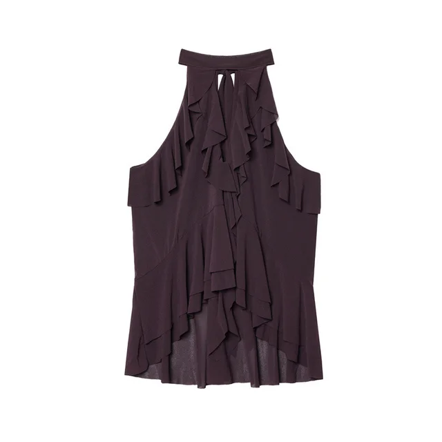 Halter Ruffled Laminated Decoration Vest Top For Women Brown - Shop at LoveMi