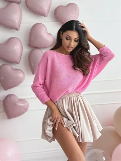 Outer Collar Solid Color Loose Knitted Coat Casual Sweater Rose Red - Shop at LoveMi