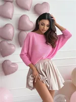 Outer Collar Solid Color Loose Knitted Coat Casual Sweater - Rose Red