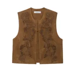 European And American Style Women's Fashion Casual Embroidery Suede Vest Jacket - Brown