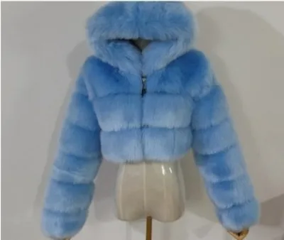 Short Hood Fox Fur Women's Long Sleeve Stitching Coat Sky Blue - Shop at LoveMi