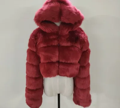 Short Hood Fox Fur Women's Long Sleeve Stitching Coat Wine Red - Shop at LoveMi