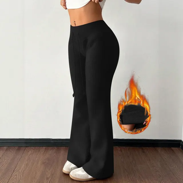 Padded Fleece Trousers High Waist Pure Color Sweatpants Black - Shop at LoveMi
