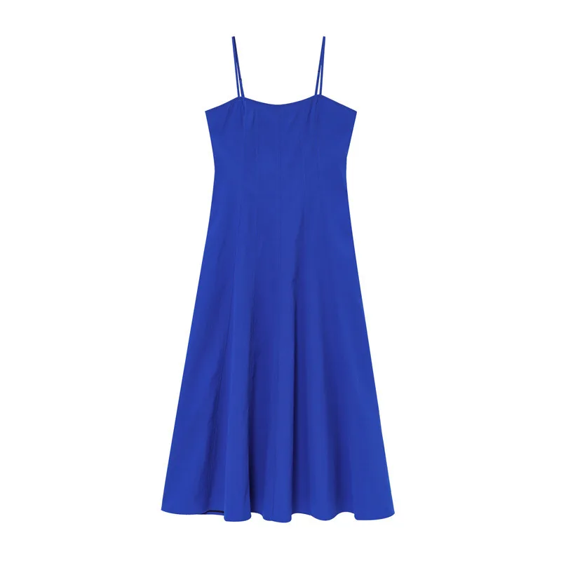 European And American Fashion Minimalist Waist Trimming Spaghetti Straps Long Dress Blue - Shop at LoveMi