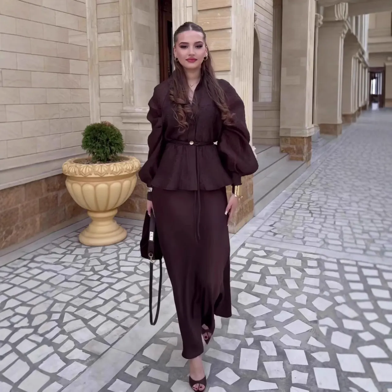 Elegant V-neck Waist-controlled Long Sleeves Cardigan Top High Waist Mid-length Dress Set - Brown