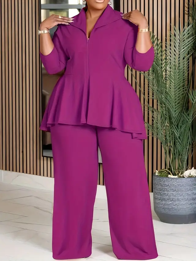 Fashion Commuter Long Sleeve Lapel Zipper Top Wide Leg Pants Solid Color Suit Purple - Shop at LoveMi