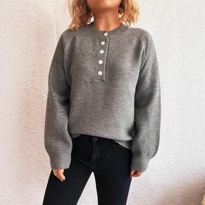 Women's Solid Color Buttons Casual Knitted Round Neck Long Sleeve Warm Sweater Gray - Shop at LoveMi