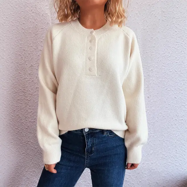 Women's Solid Color Buttons Casual Knitted Round Neck Long Sleeve Warm Sweater White - Shop at LoveMi