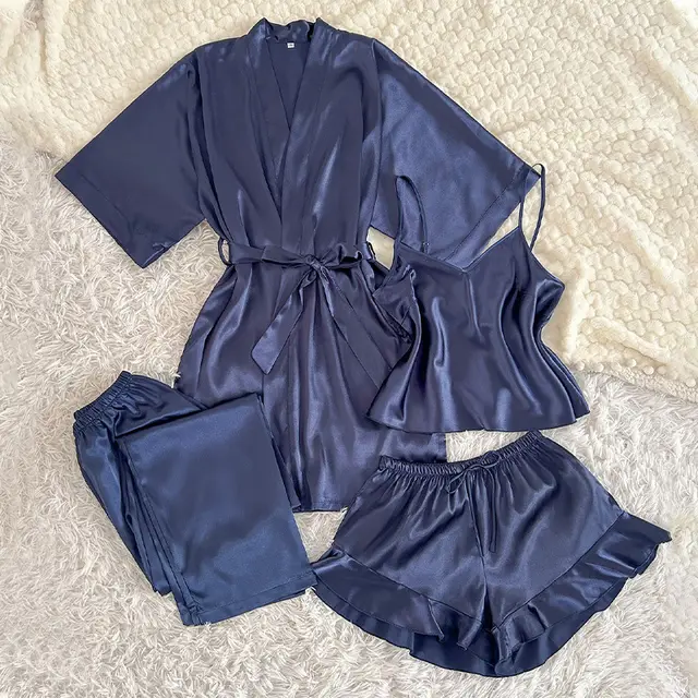 Silk Homewear Simple And Comfortable Home Four piece Set Navy Blue - Shop at LoveMi