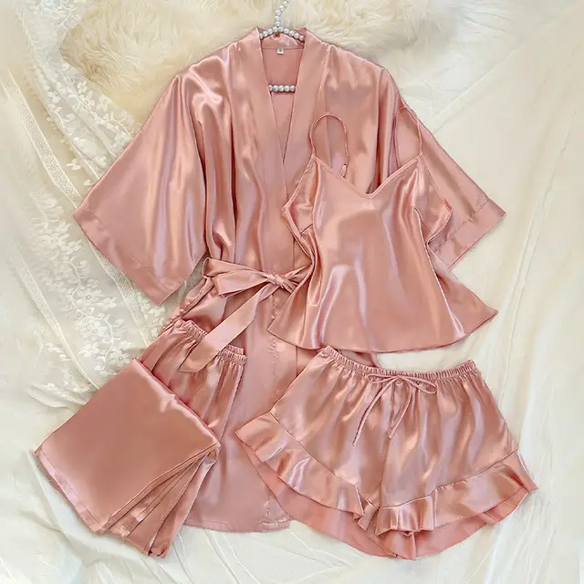 Silk Homewear Simple And Comfortable Home Four piece Set Pink - Shop at LoveMi