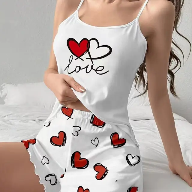 Sexy Vest Loose Cartoon Printed Homewear Two piece Suit Red And White Love - Shop at LoveMi