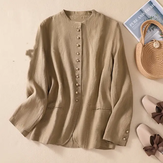 Thin Loose Top Art Stand Collar Linen Suit Camel - Shop at LoveMi