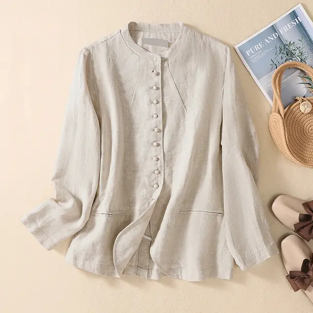 Thin Loose Top Art Stand Collar Linen Suit Hemp Color - Shop at LoveMi