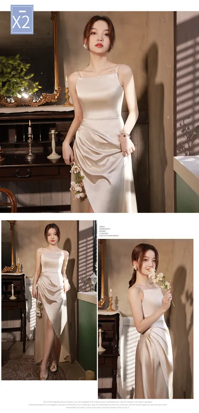 Simple And Light Luxury Satin Sisters Group Party Formal Dress Champagne B Style M - Shop at LoveMi
