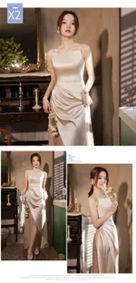 Simple And Light Luxury Satin Sisters Group Party Formal Dress - Champagne B Style-M