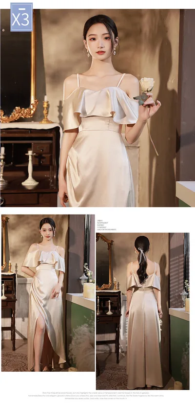 Simple And Light Luxury Satin Sisters Group Party Formal Dress Champagne C Style L - Shop at LoveMi