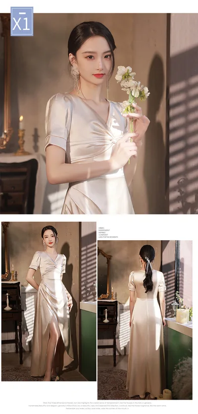 Simple And Light Luxury Satin Sisters Group Party Formal Dress Champagne Style A S - Shop at LoveMi