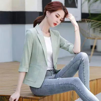 Casual Cotton And Linen Small Tailored Suit Top Bean Green - Shop at LoveMi