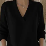 Elegant Soft V-neck Long Sleeve Women's Sweater Knitted Loose Sweater Autumn And Winter New Solid Color Casual Fashion Women's Knitted Sweater - Black
