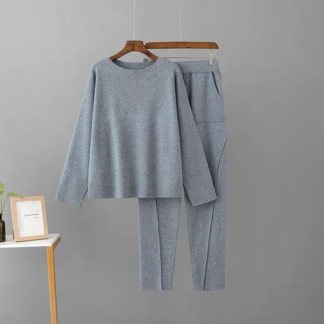 Off shoulder Woolen Pants Top Loose Knitting Suit Gray - Shop at LoveMi