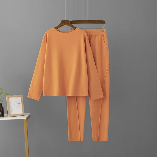 Off shoulder Woolen Pants Top Loose Knitting Suit Orange Red - Shop at LoveMi