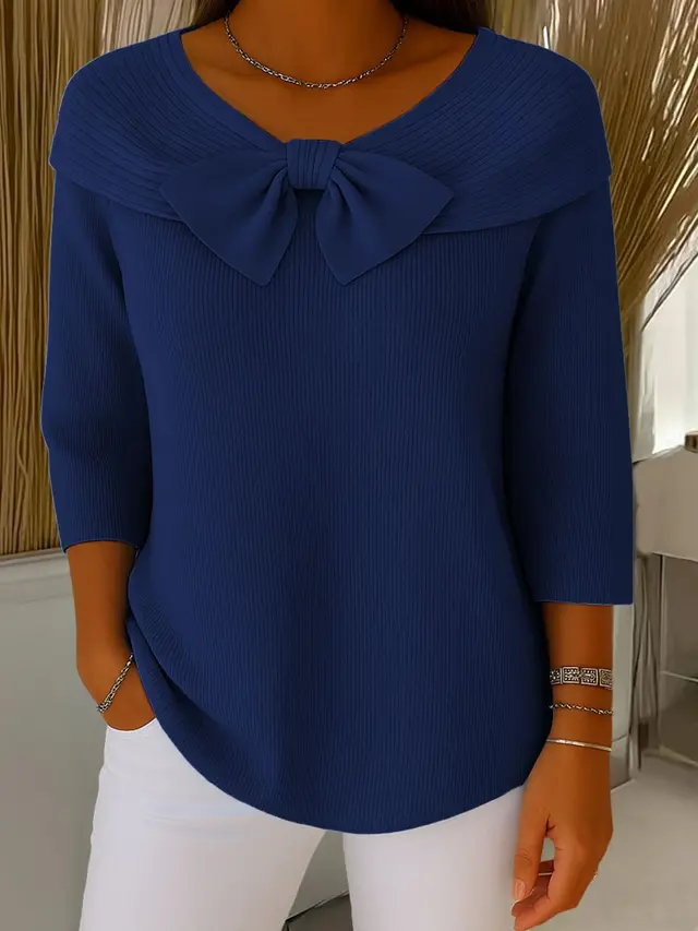 Knitted Bow Solid Color Sweater Autumn And Winter Navy Blue - Shop at LoveMi