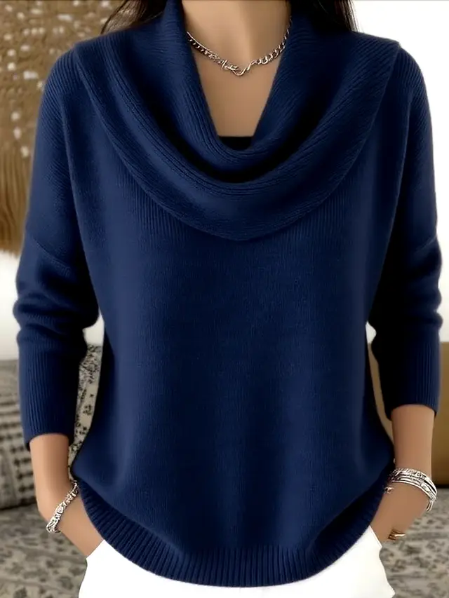 Autumn And Winter New Solid Color Long sleeved Sweater Navy Blue - Shop at LoveMi