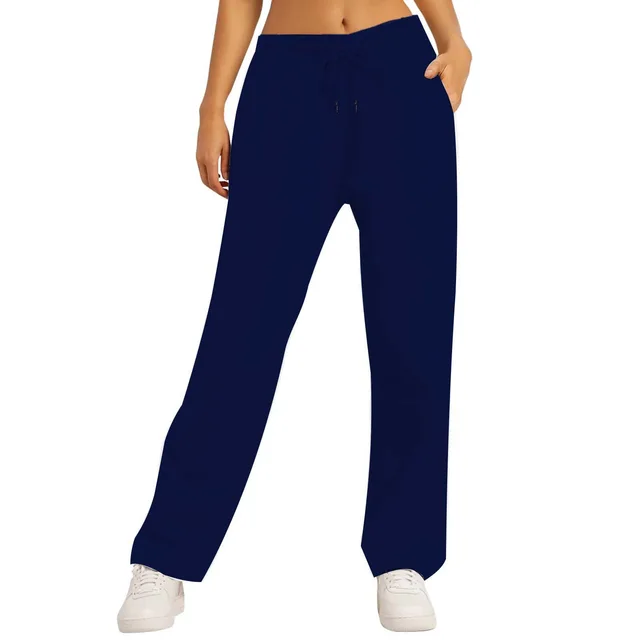Women's Solid Color Casual Loose Fleece lined Trousers Navy Blue - Shop at LoveMi