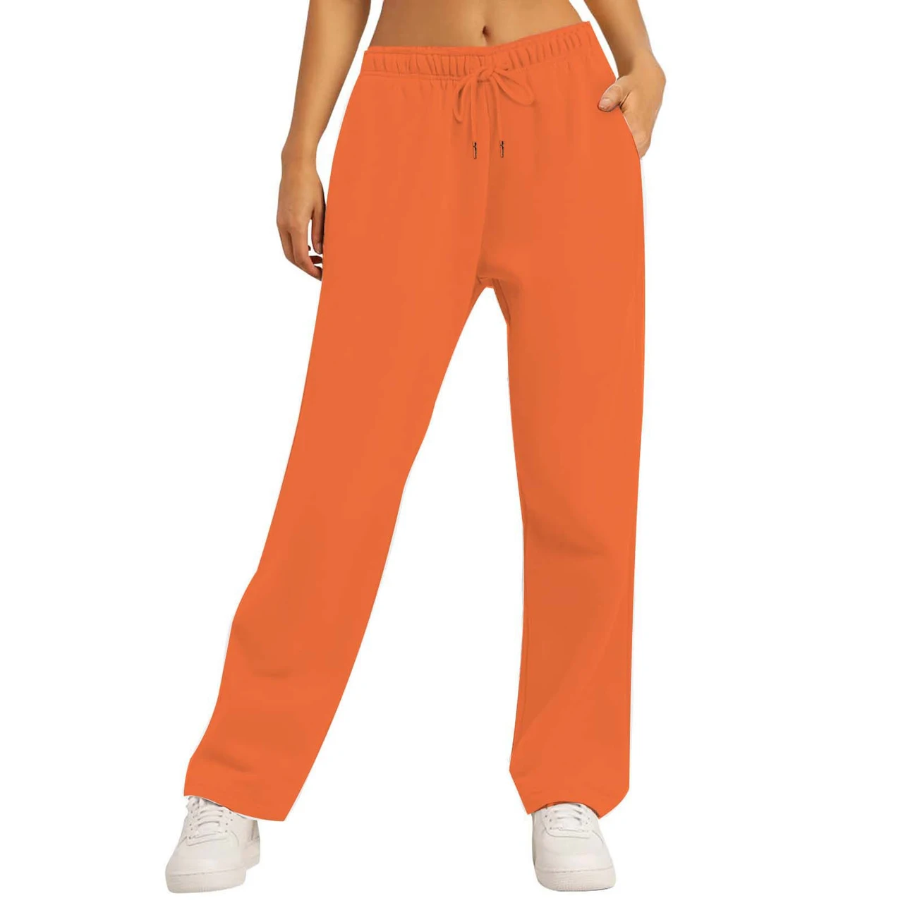 Women's Solid Color Casual Loose Fleece-lined Trousers - Orange Red